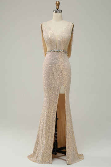 Sheath Deep V Neck Champagne Paljetter Lång balklänning med delad front